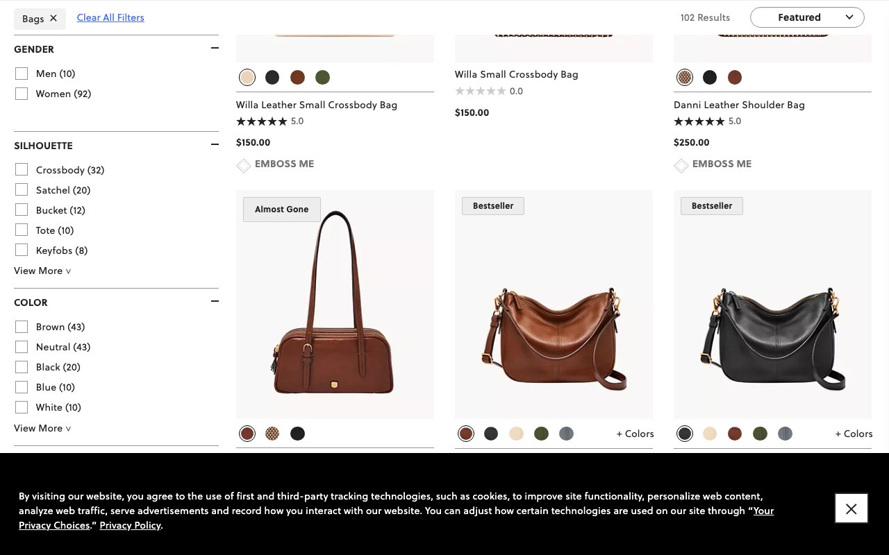 Fossil — Collection Cards with Star Ratings + Color Swatches + Bestseller Badges